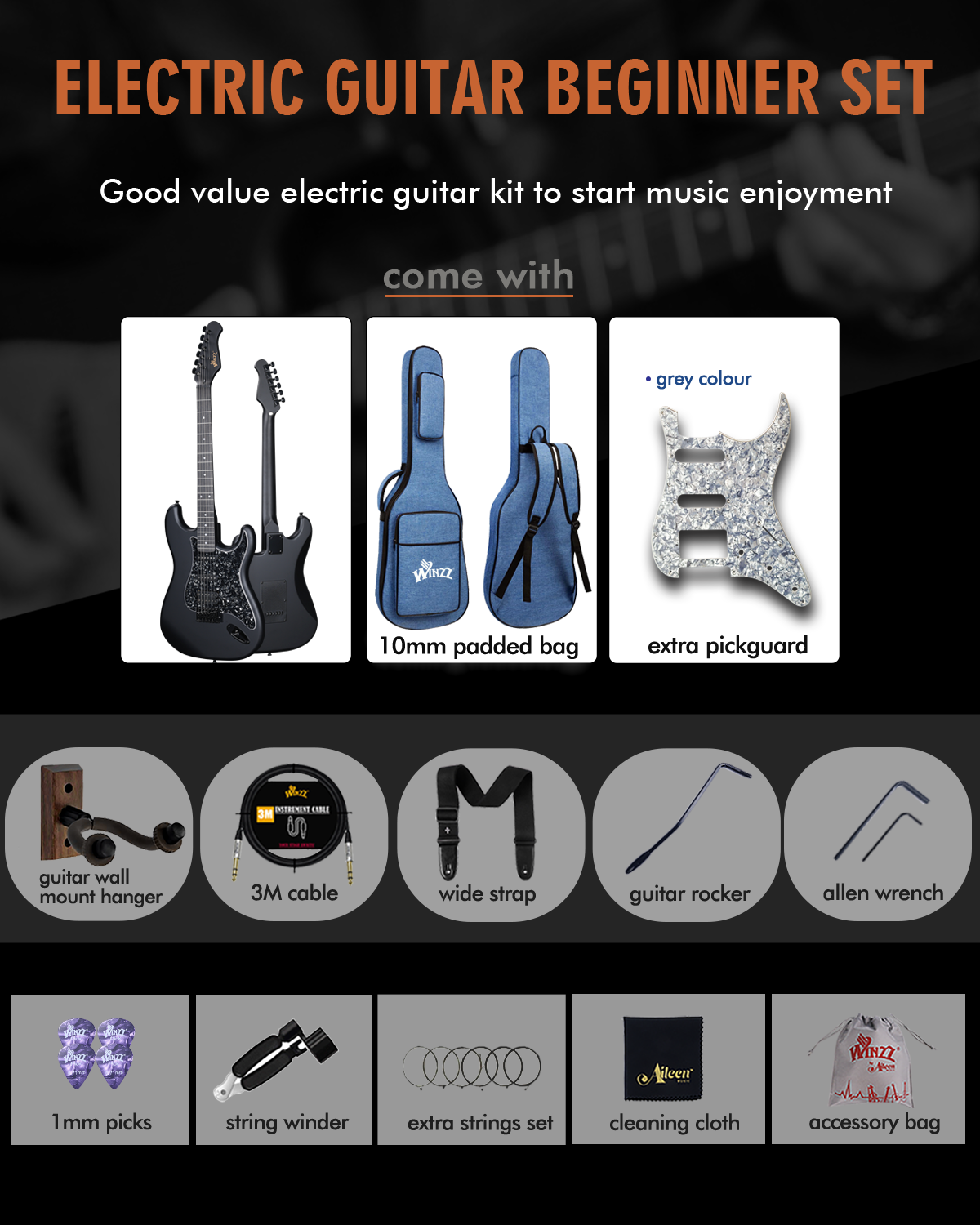 WINZZ Solid Poplar Wood Electric Guitar - 39-Inch Beginner-Friendly Design, Perfect for Practice and Performance