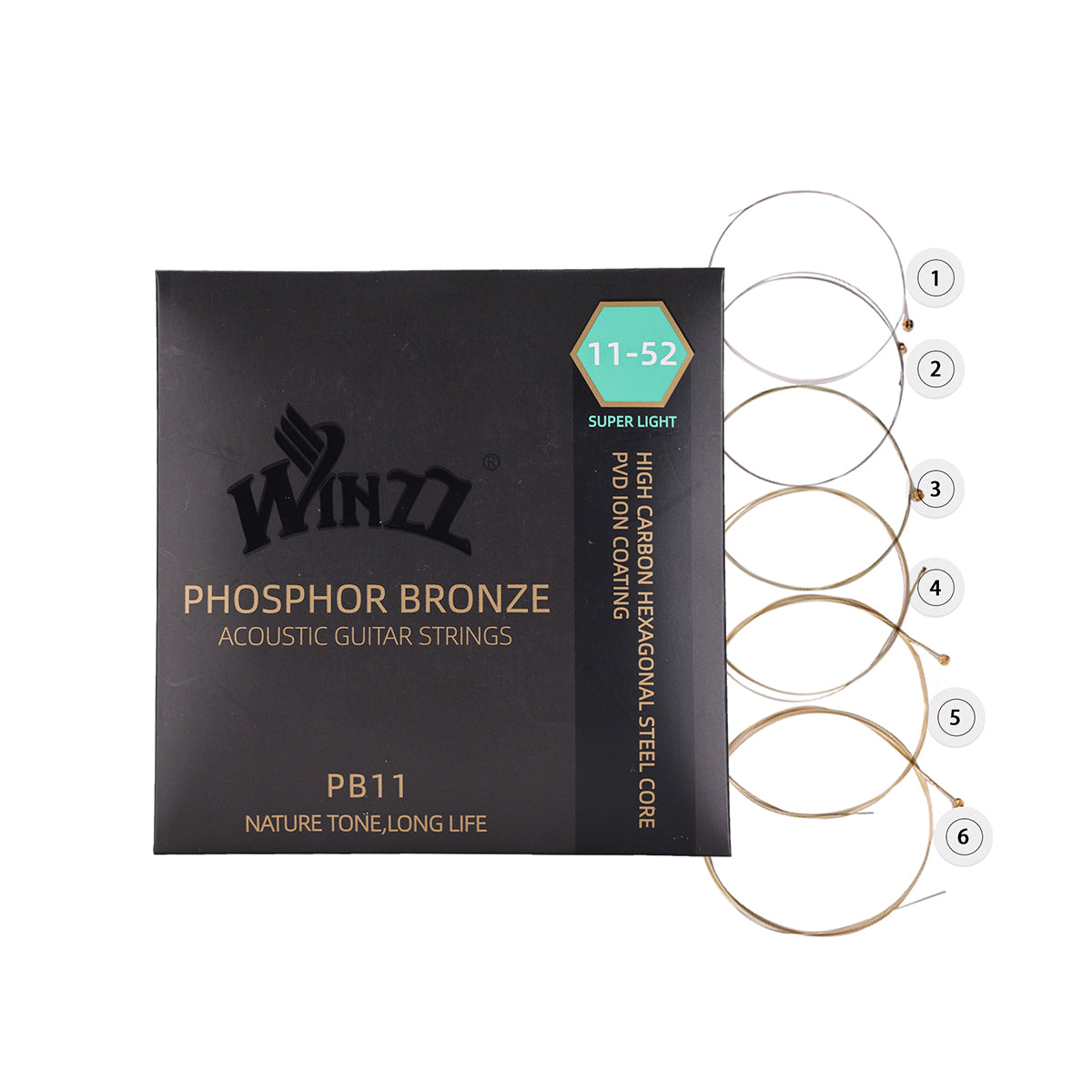 WINZZ Acoustic Guitar Strings Set – Hex Core High Carbon Steel with Phosphor Bronze Wound and Anti-Rust PVD Coating