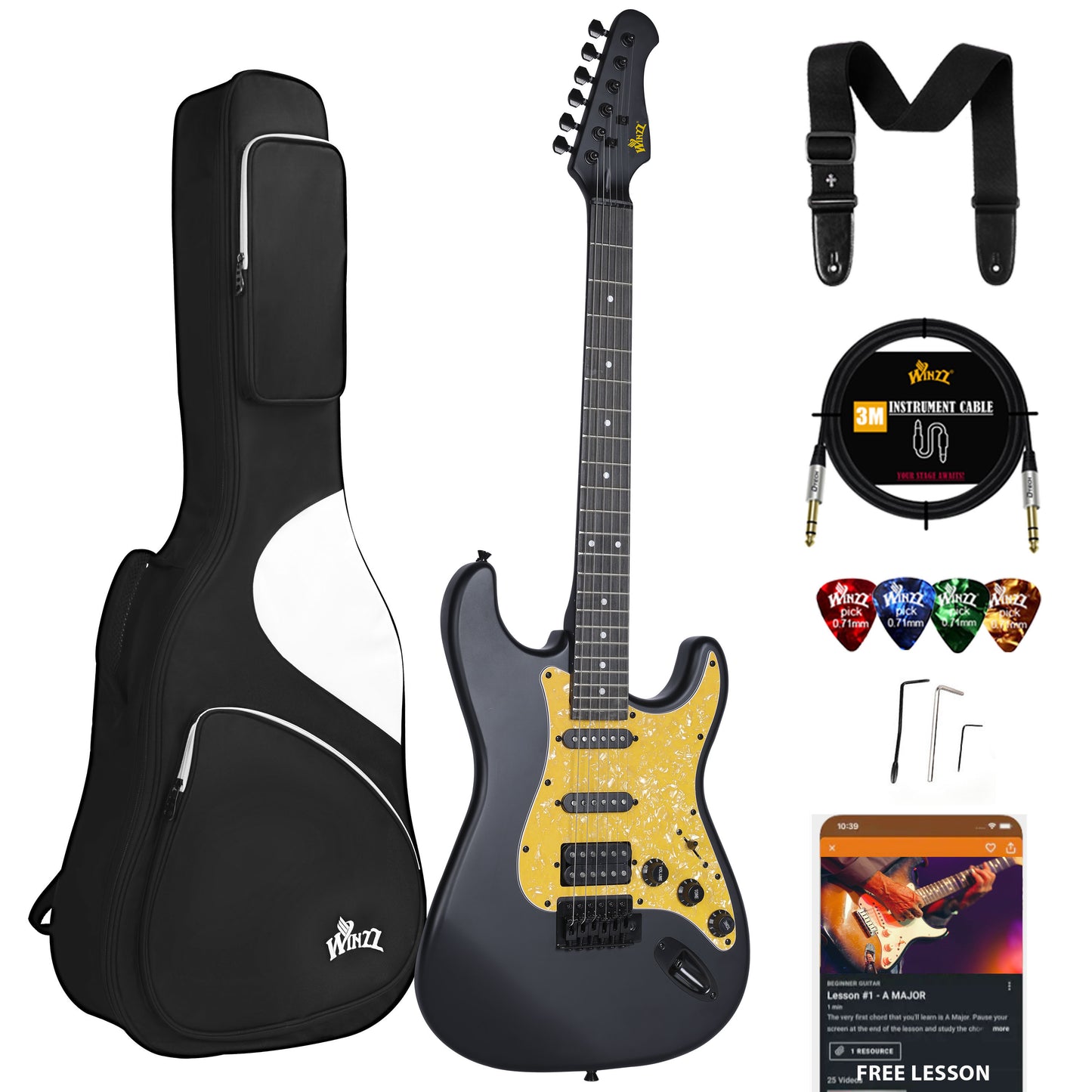 (Mother's Day Gift)WINZZ Solid Poplar Wood Electric Guitar - 39-Inch Beginner-Friendly Design, Perfect for Practice and Performance