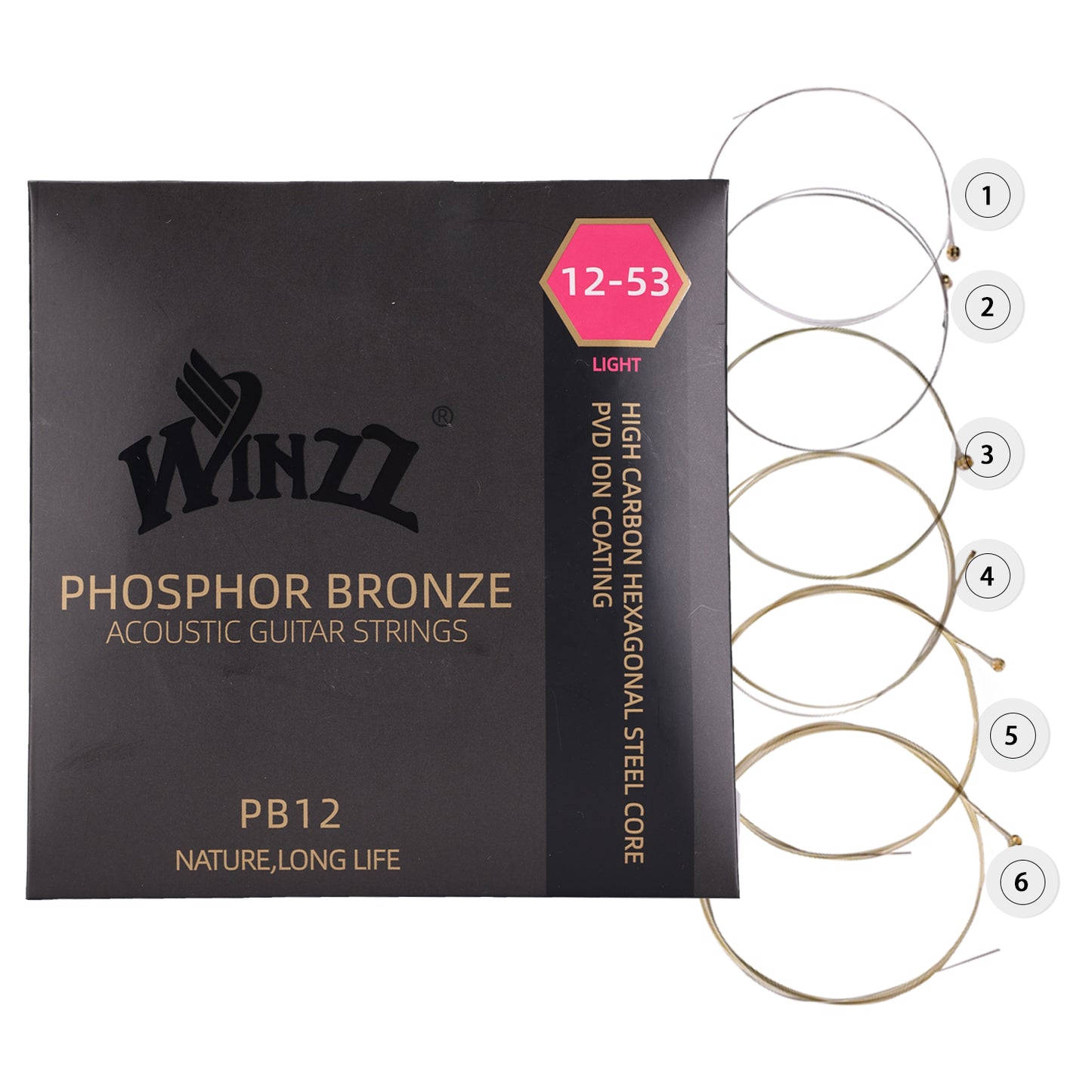 WINZZ Acoustic Guitar Strings Set – Hex Core High Carbon Steel with Phosphor Bronze Wound and Anti-Rust PVD Coating