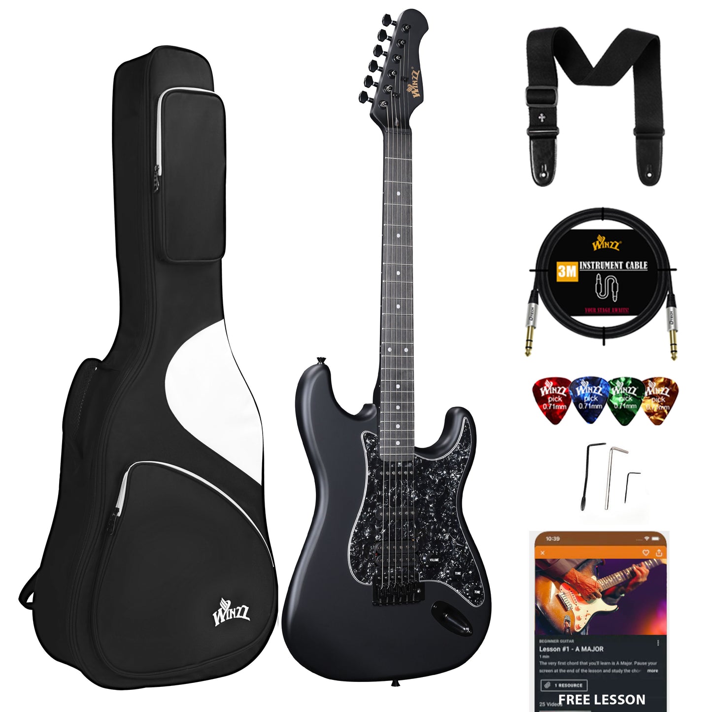 (Mother's Day Gift)WINZZ Solid Poplar Wood Electric Guitar - 39-Inch Beginner-Friendly Design, Perfect for Practice and Performance