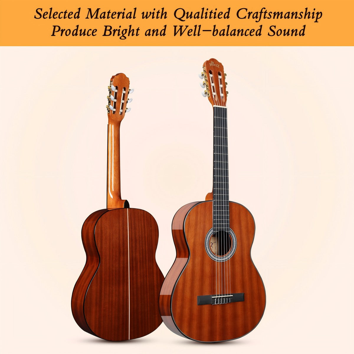 Close-up of WINZZ classical guitar showing its elegant craftsmanship and nylon strings.