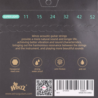WINZZ Acoustic Guitar Strings Set – Hex Core High Carbon Steel with 80/20 Bronze Wound and Anti-Rust PU Coating