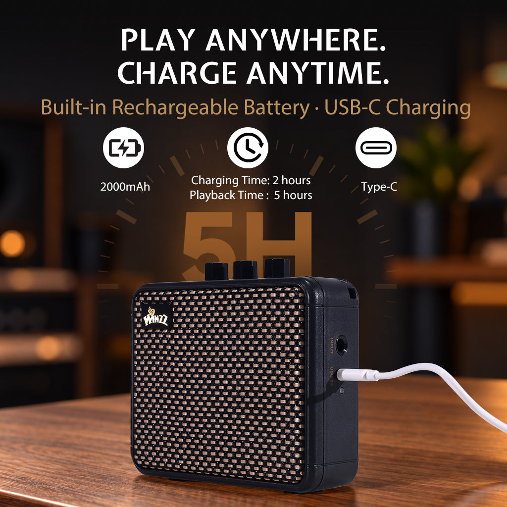 PLAY ANYWHERE. CHARGE ANYTIME.
Built-in Rechargeable Battery · USB-C Charging
Charging Time:2 hours
Playback Time : 5 hours
2000mAh