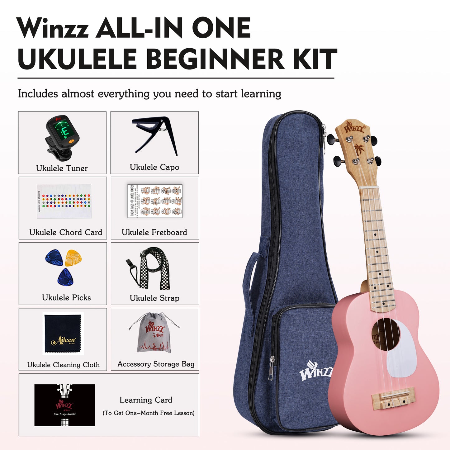 WINZZ Macaron Colors Series-AU-C00 Hawaiian Soprano Ukulele for Beginners