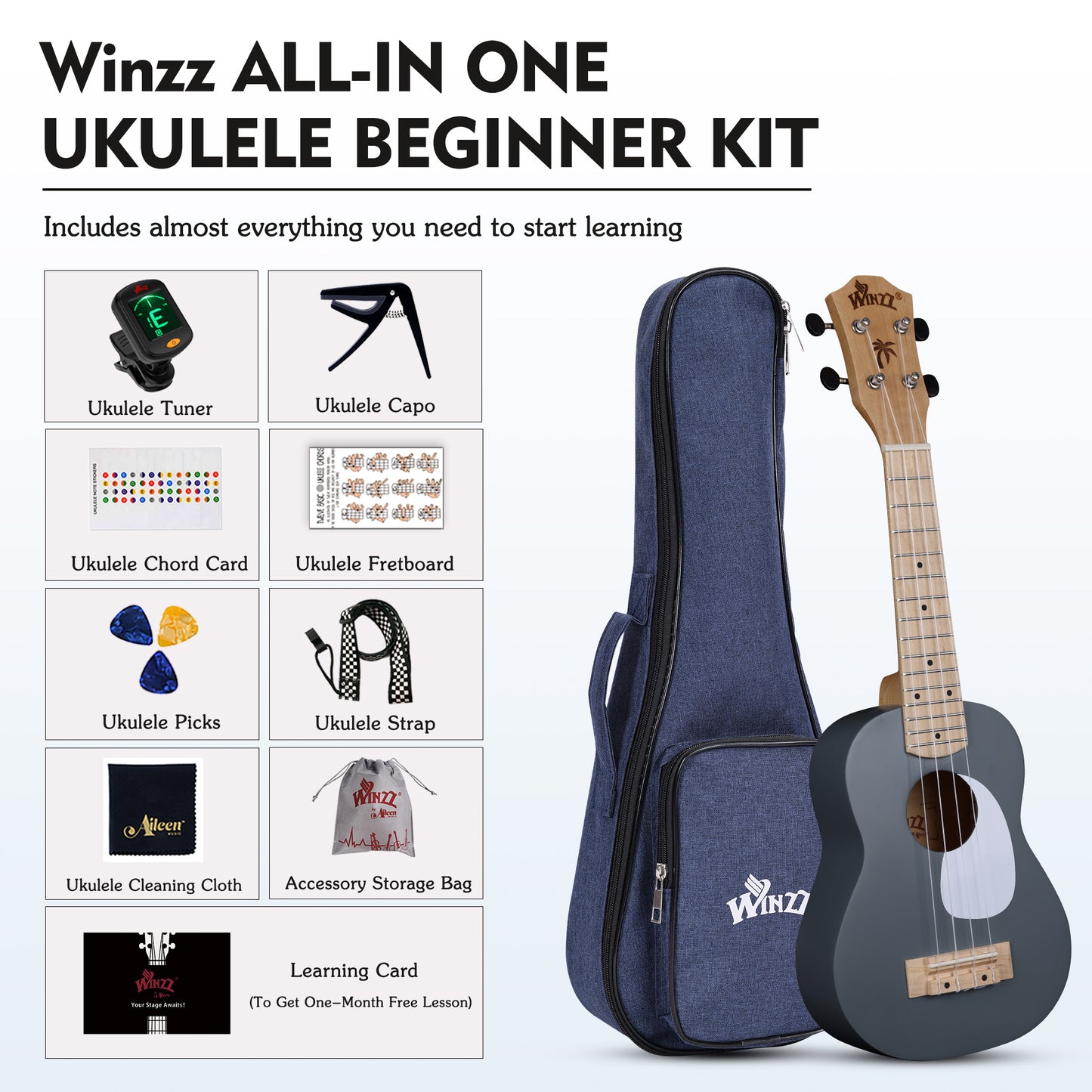 WINZZ Macaron Colors Series-AU-C00 Hawaiian Soprano Ukulele for Beginners