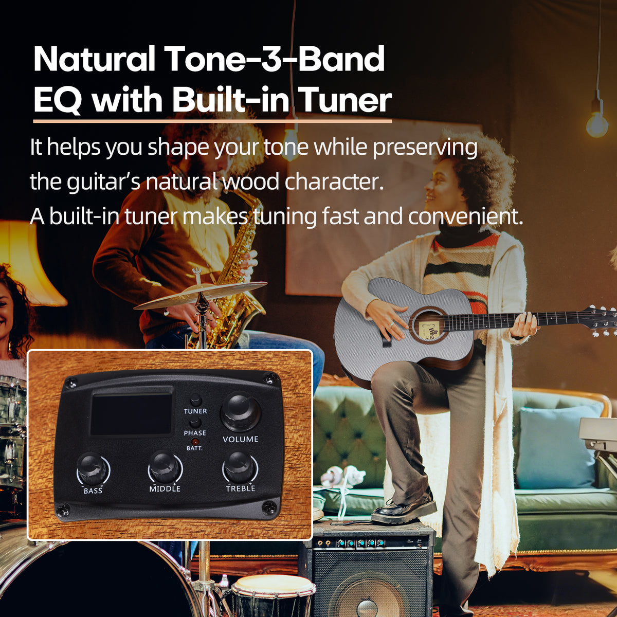 Guitar with built-in tuner and musicians playing instruments in a room.