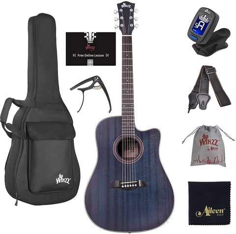 WINZZ AF386C 41 Inch Cutaway Mahogany Acoustic Acustica Guitar Bundle for Beginner Adult, Matte Blue