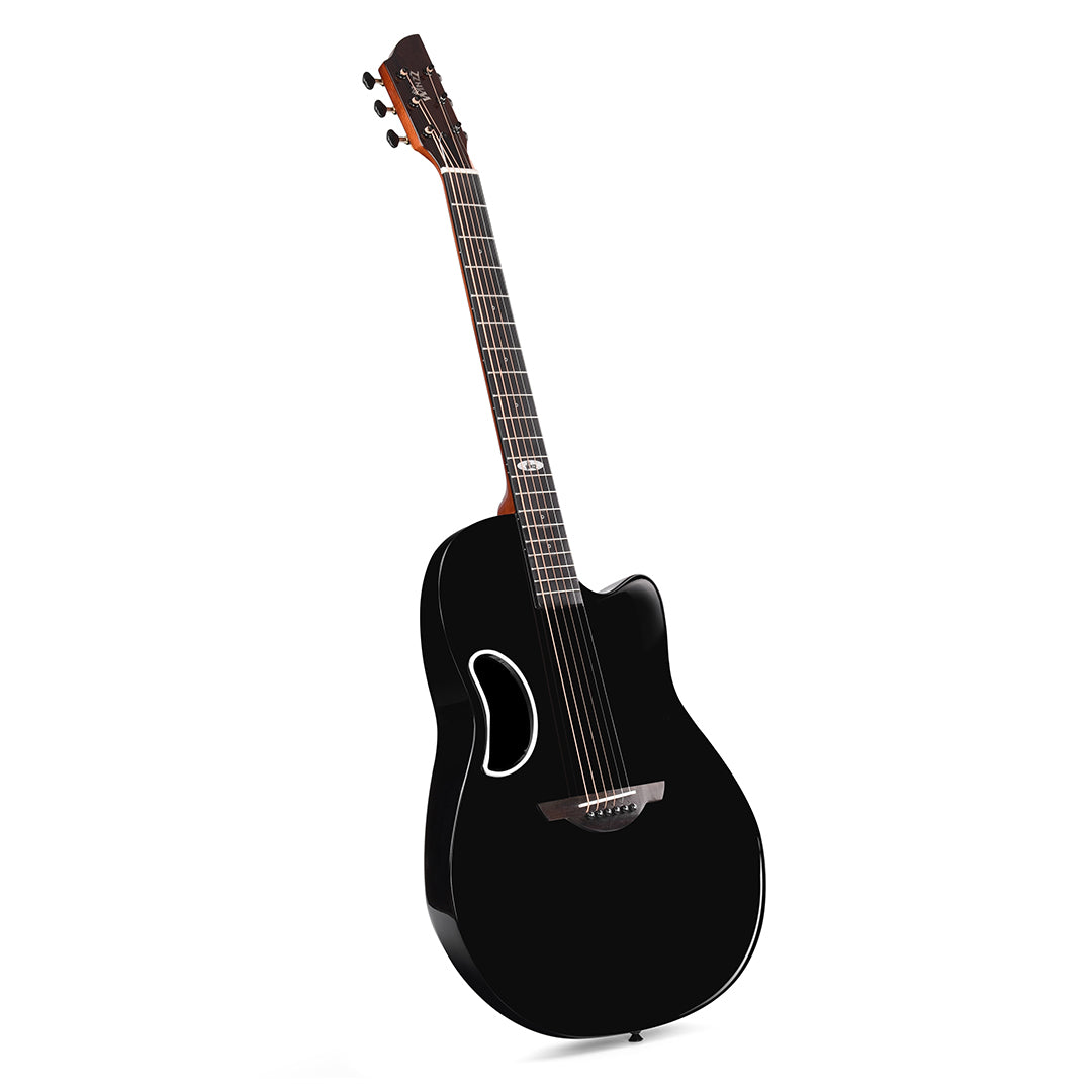 The WINZZ AFO300C acoustic guitar in glossy black is built with a solid spruce top and carbon fiber back, offering stage-ready sound and stunning visuals