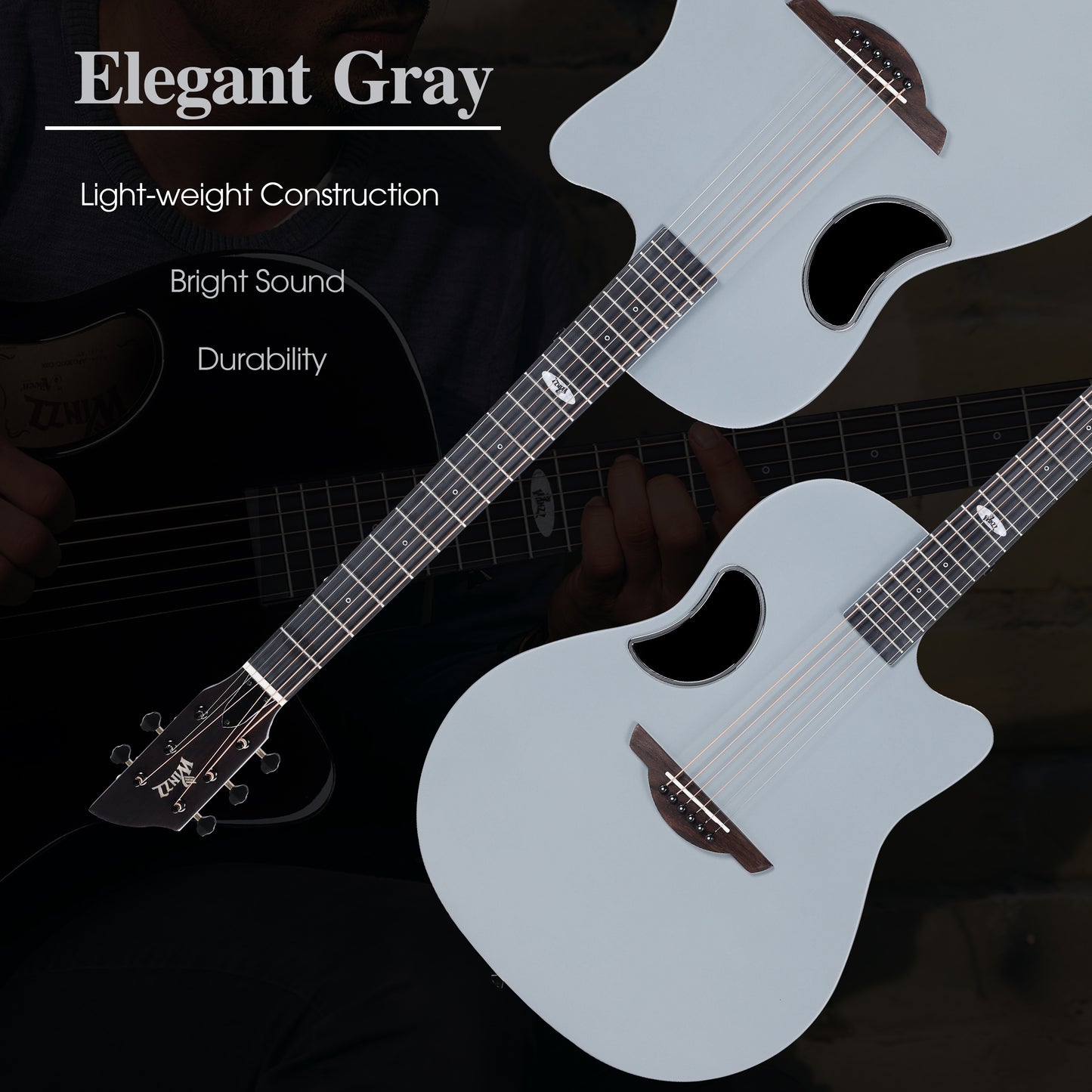 WINZZ AFO300C matte grey acoustic guitar with a solid spruce top and carbon fiber back, delivering a rich tone with enhanced strength and lightweight performance