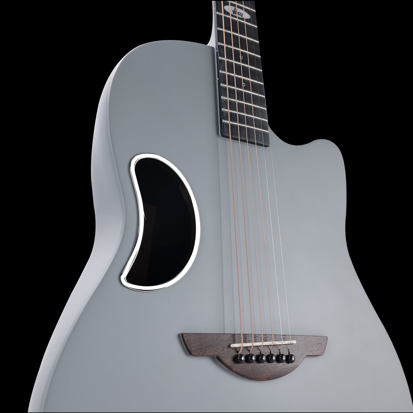 WINZZ AFO300C matte grey acoustic guitar with a solid spruce top and carbon fiber back, delivering a rich tone with enhanced strength and lightweight performance.