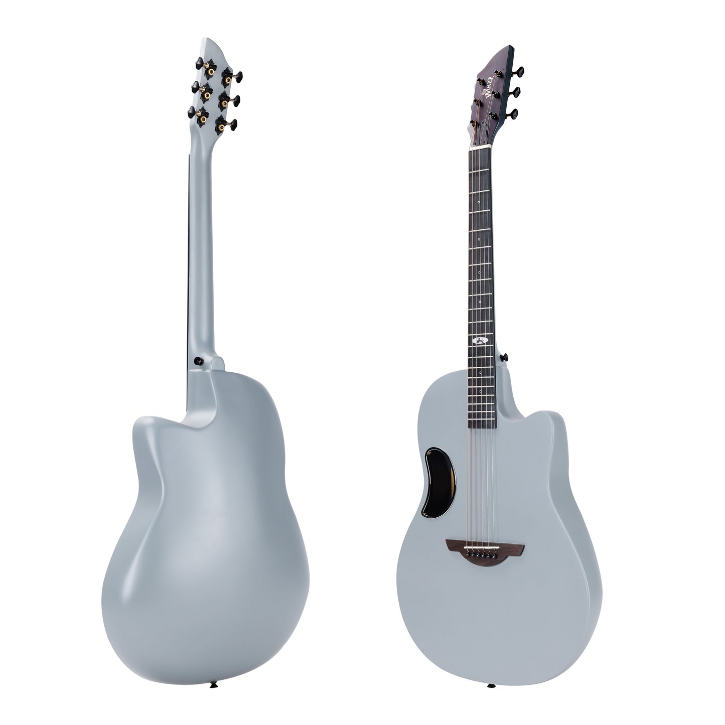 Matte grey WINZZ AFO300C acoustic guitar with solid spruce top and carbon fiber back, ideal for musicians seeking style, performance, and resilience