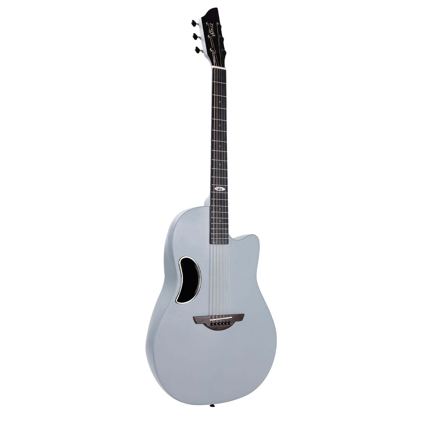 WINZZ AFO300C Solid Spruce Top Acoustic Guitar in matte grey with a carbon fiber back, offering a sleek design, exceptional durability, and crisp, clear sound