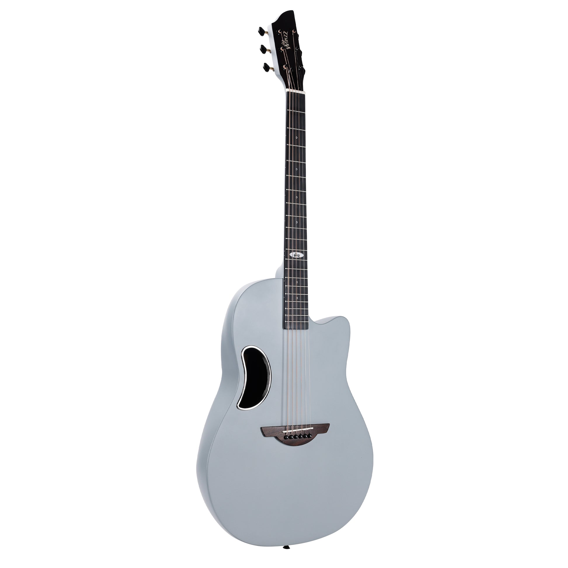WINZZ AFO300C Solid Spruce Top Acoustic Guitar in matte grey with a carbon fiber back, offering a sleek design, exceptional durability, and crisp, clear sound