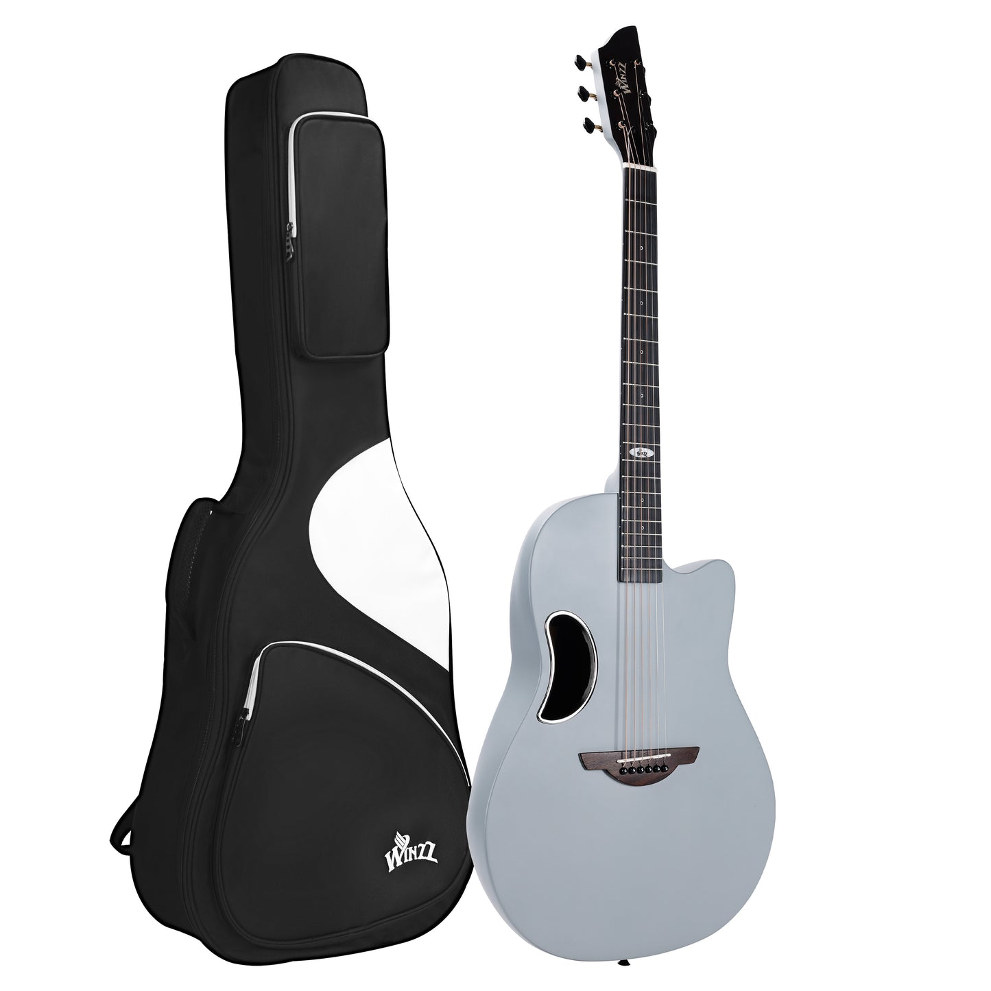 A stunning acoustic guitar featuring a solid spruce top, matte grey finish, and a durable carbon fiber back, combining modern aesthetics with professional sound