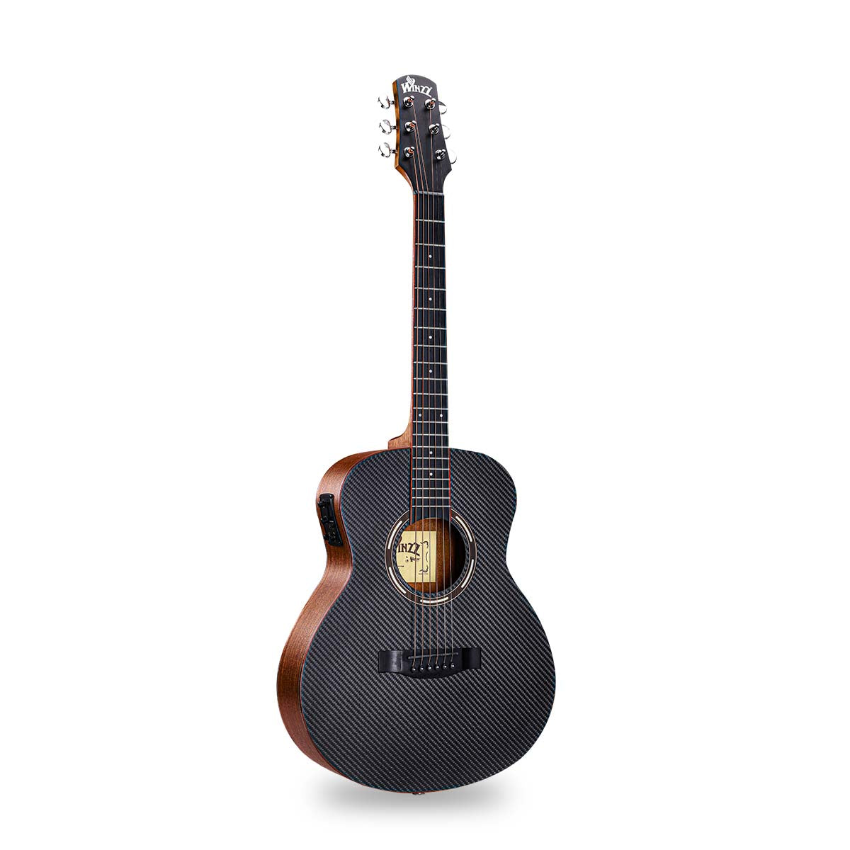 Durable Carbon Fiber Top – Black carbon fiber top ensures stable performance and modern style; mahogany laminated back & sides provide warm, balanced tone.