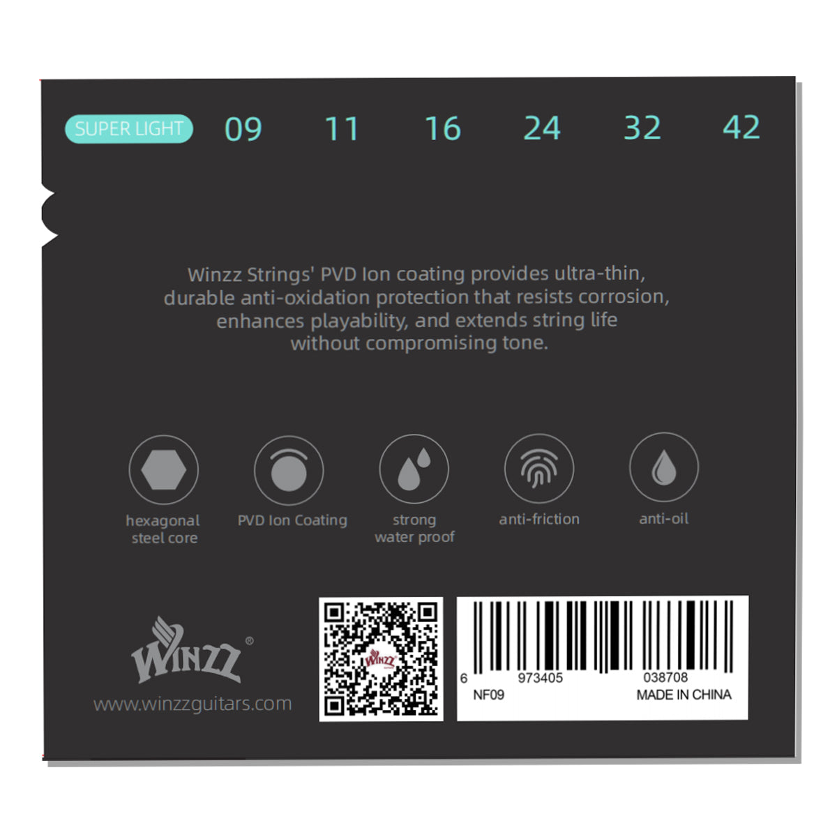 WINZZ Electric Guitar Strings Set – Hex Core High Carbon Steel with Nickel-Plated Steel Wound & PVD Coating – Bright Tone & Long Life