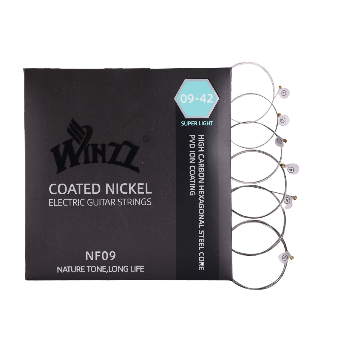 WINZZ Electric Guitar Strings Set – Hex Core High Carbon Steel with Nickel-Plated Steel Wound & PVD Coating – Bright Tone & Long Life