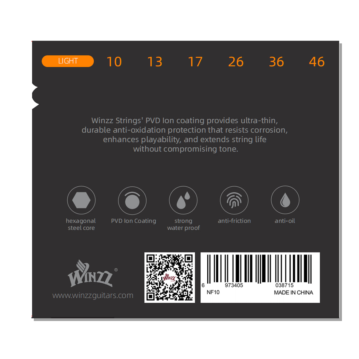 WINZZ Electric Guitar Strings Set – Hex Core High Carbon Steel with Nickel-Plated Steel Wound & PVD Coating – Bright Tone & Long Life