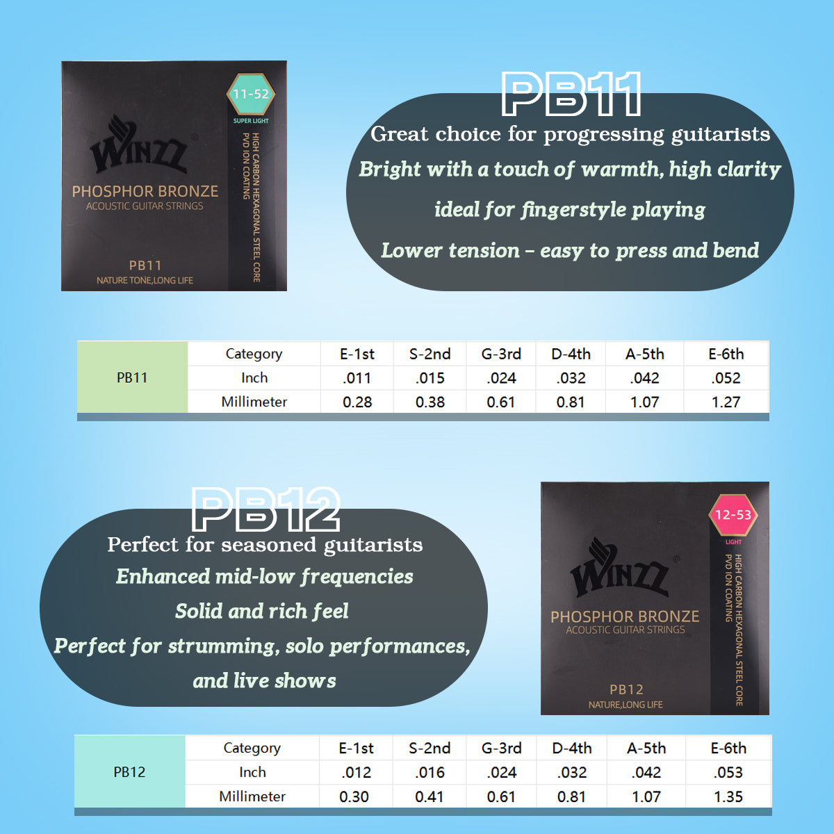 WINZZ Acoustic Guitar Strings Set – Hex Core High Carbon Steel with Phosphor Bronze Wound and Anti-Rust PVD Coating