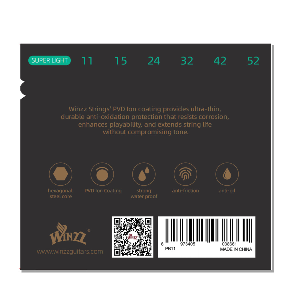 WINZZ Acoustic Guitar Strings Set – Hex Core High Carbon Steel with Phosphor Bronze Wound and Anti-Rust PVD Coating