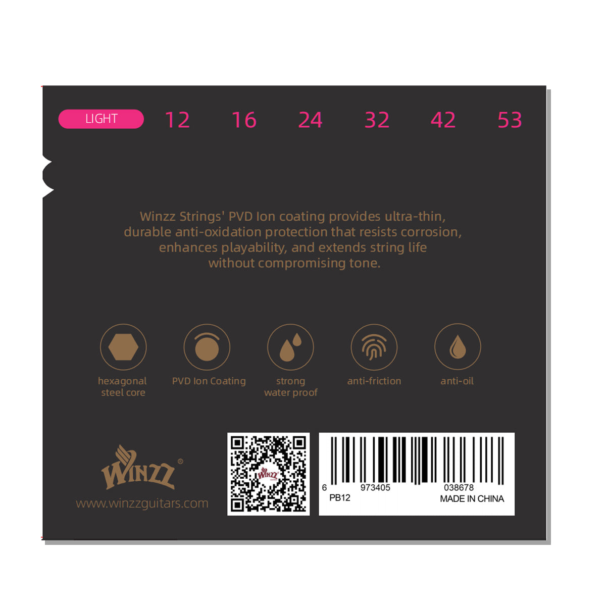 WINZZ Acoustic Guitar Strings Set – Hex Core High Carbon Steel with Phosphor Bronze Wound and Anti-Rust PVD Coating