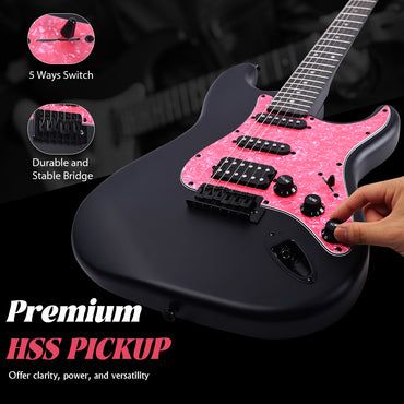 The HSS pickup configuration combines the clarity of single coils with the power of a humbucker, making it versatile for various music styles, from crisp rhythms to powerful distortion.