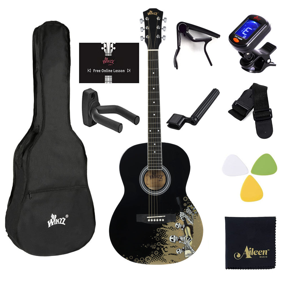 Side view of the WINZZ AF227A acoustic guitar showcasing its Rock Skull design and smooth finish.