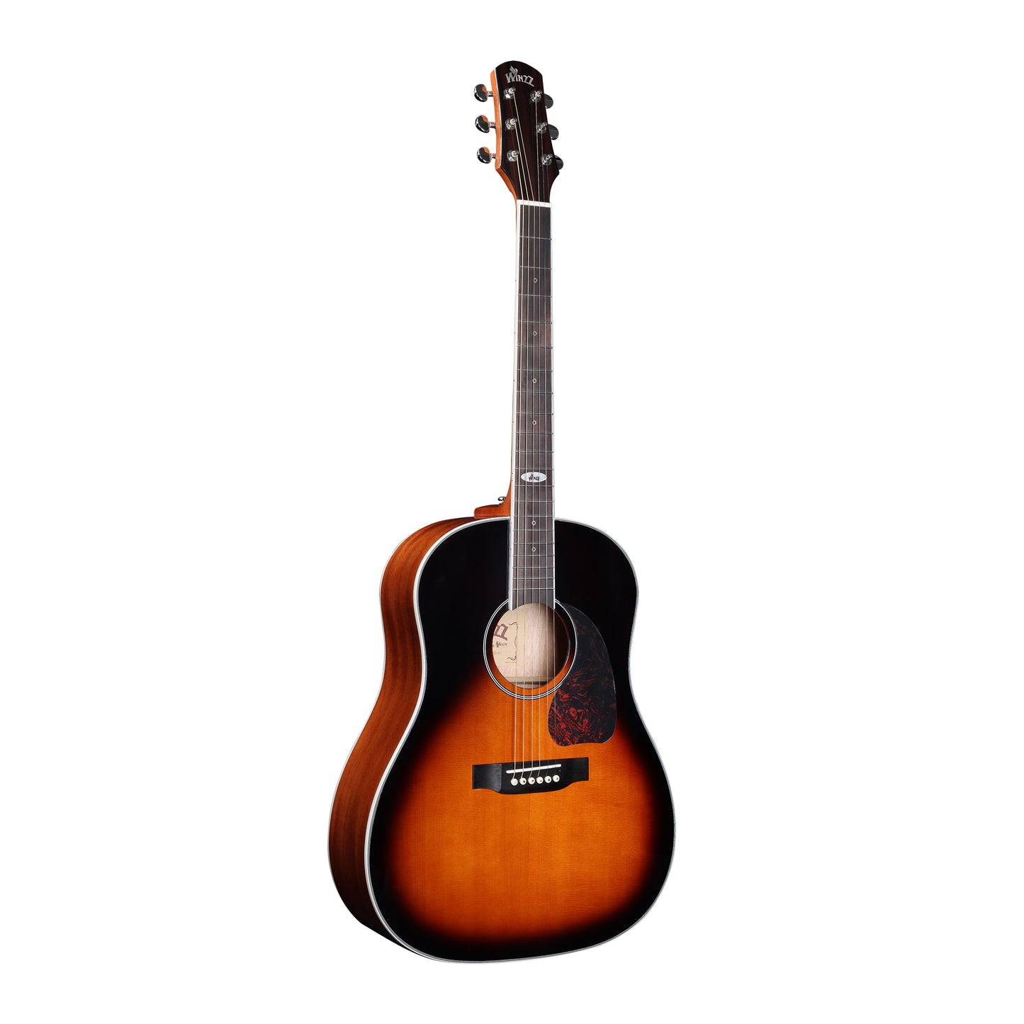 WINZZ AFM16-SD Acoustic Guitar Front View: A stunning slope-shoulder dreadnought guitar with a solid Sitka spruce top, showcasing its natural wood grain and elegant curves.