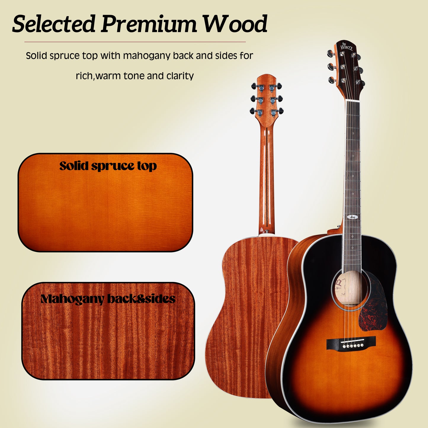 WINZZ AFM16-SD Solid Sitka Spruce Top: Detailed view of the solid Sitka spruce top, offering superior resonance and bright tonal quality.