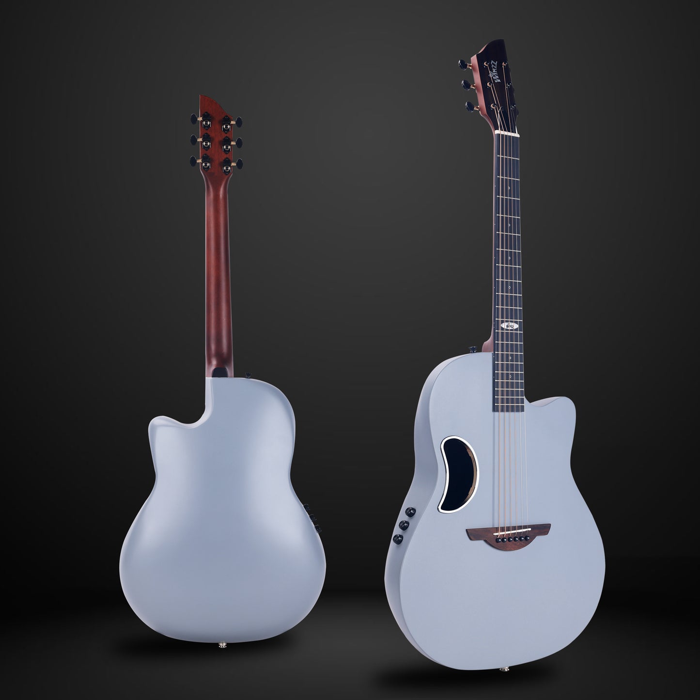 High-quality WINZZ AFO300CE guitar with solid spruce top, carbon fiber back, and electro-acoustic capabilities, perfect for live performances and studio recordings.