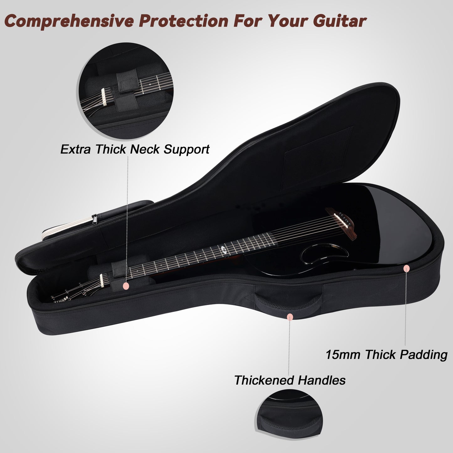 WINZZ AFO300CE guitar in glossy black, crafted with a solid spruce top and carbon fiber back for a rich tonal experience and polished appearance
