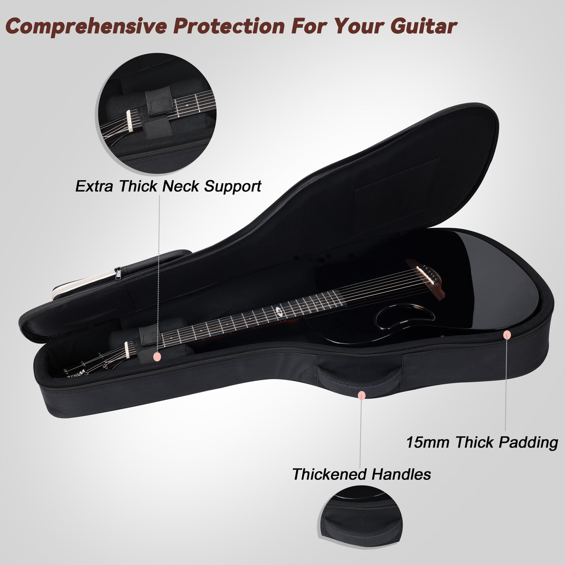 WINZZ AFO300CE guitar in glossy black, crafted with a solid spruce top and carbon fiber back for a rich tonal experience and polished appearance