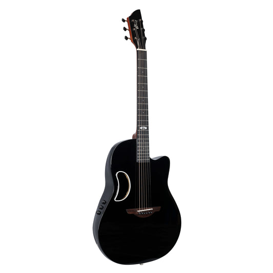 WINZZ AFO300CE Solid Spruce Top with Carbon Fiber Back Electro-Acoustic Guitar in a glossy black finish, offering exceptional sound quality, durability, and modern aesthetics