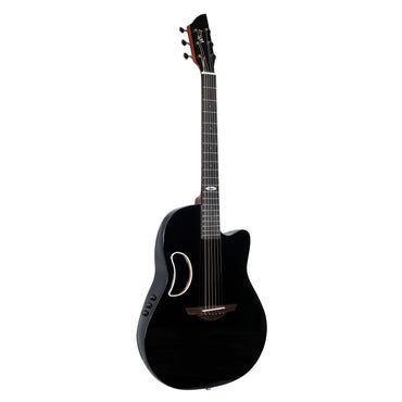WINZZ AFO300CE Solid Spruce Top with Carbon Fiber Back Electro-Acoustic Guitar in a glossy black finish, offering exceptional sound quality, durability, and modern aesthetics