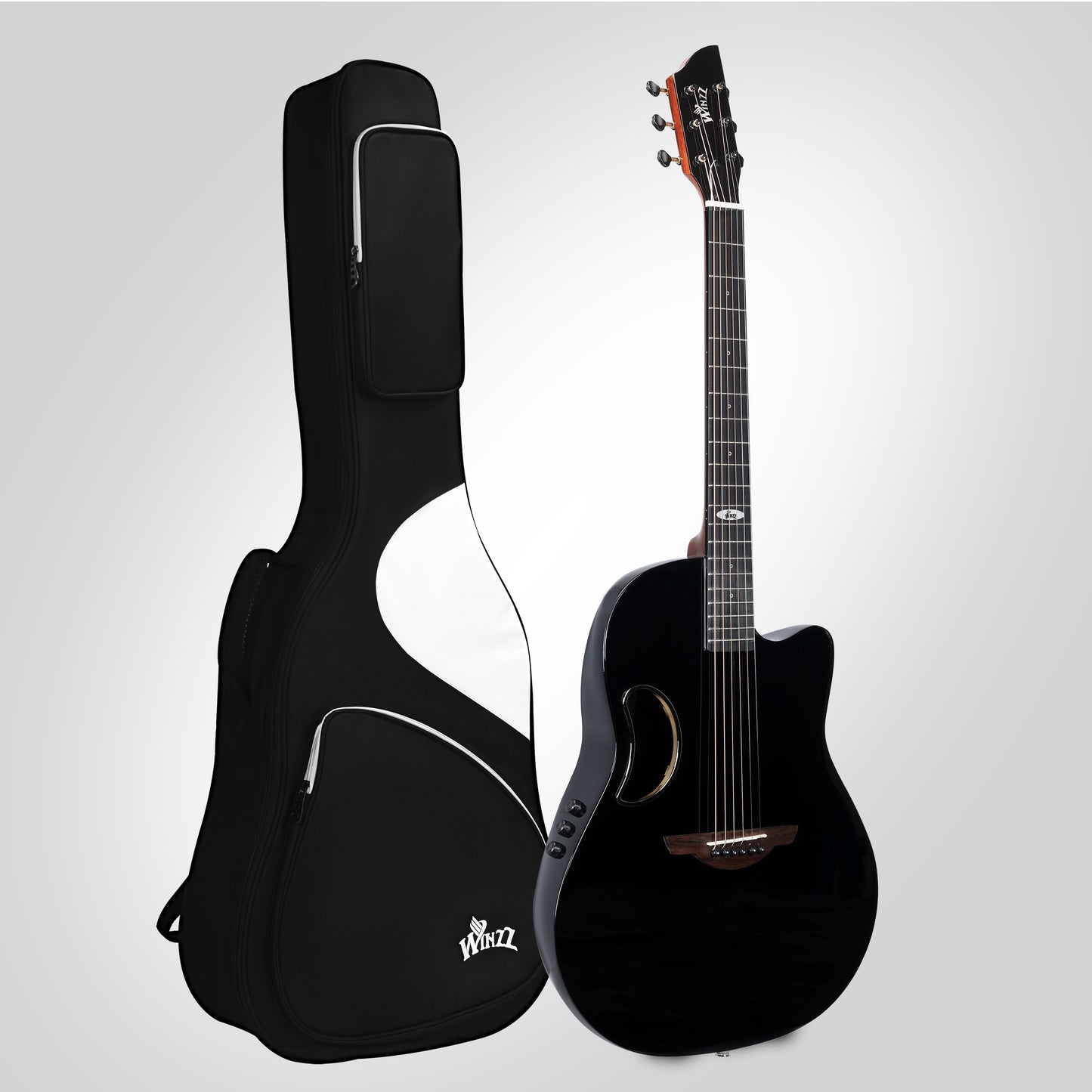 A sleek electro-acoustic guitar with a solid spruce top, a stunning high-gloss black finish, and a carbon fiber back, exuding elegance and sophistication