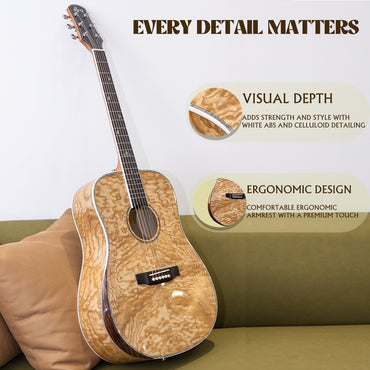 WINZZ 41-Inch Flamed Ash Dreadnought Acoustic Guitar – Night Glow Inlays, Player Comfort Armrest