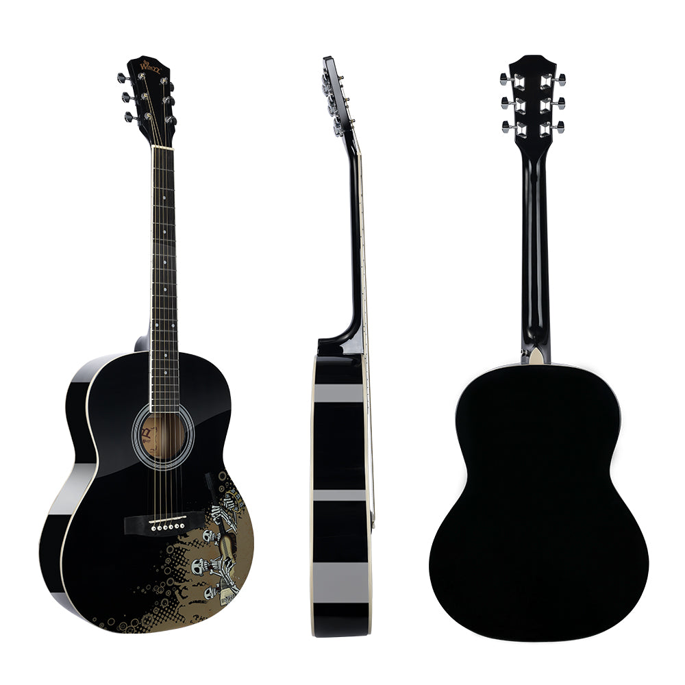 Concert-style WINZZ acoustic guitar in 39-inch size with a unique Rock Skull artwork.