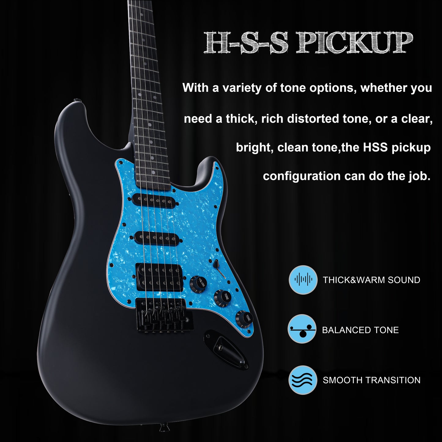 Featuring a solid poplar wood body and blue pickguard, the WINZZ EGS112H electric guitar comes with a well-designed strap, ensuring maximum comfort and ease of use