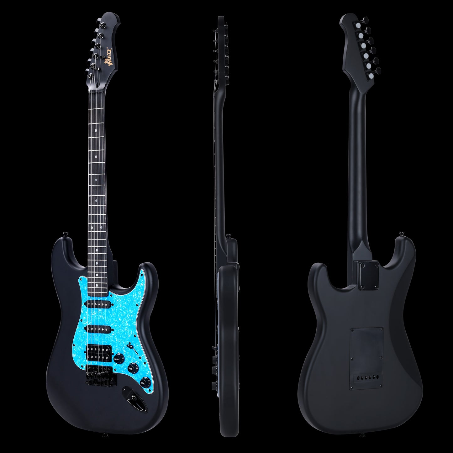 WINZZ EGS112H guitar with blue pickguard and included strap, making it an ideal choice for beginners and intermediate players seeking comfort, style, and performance.