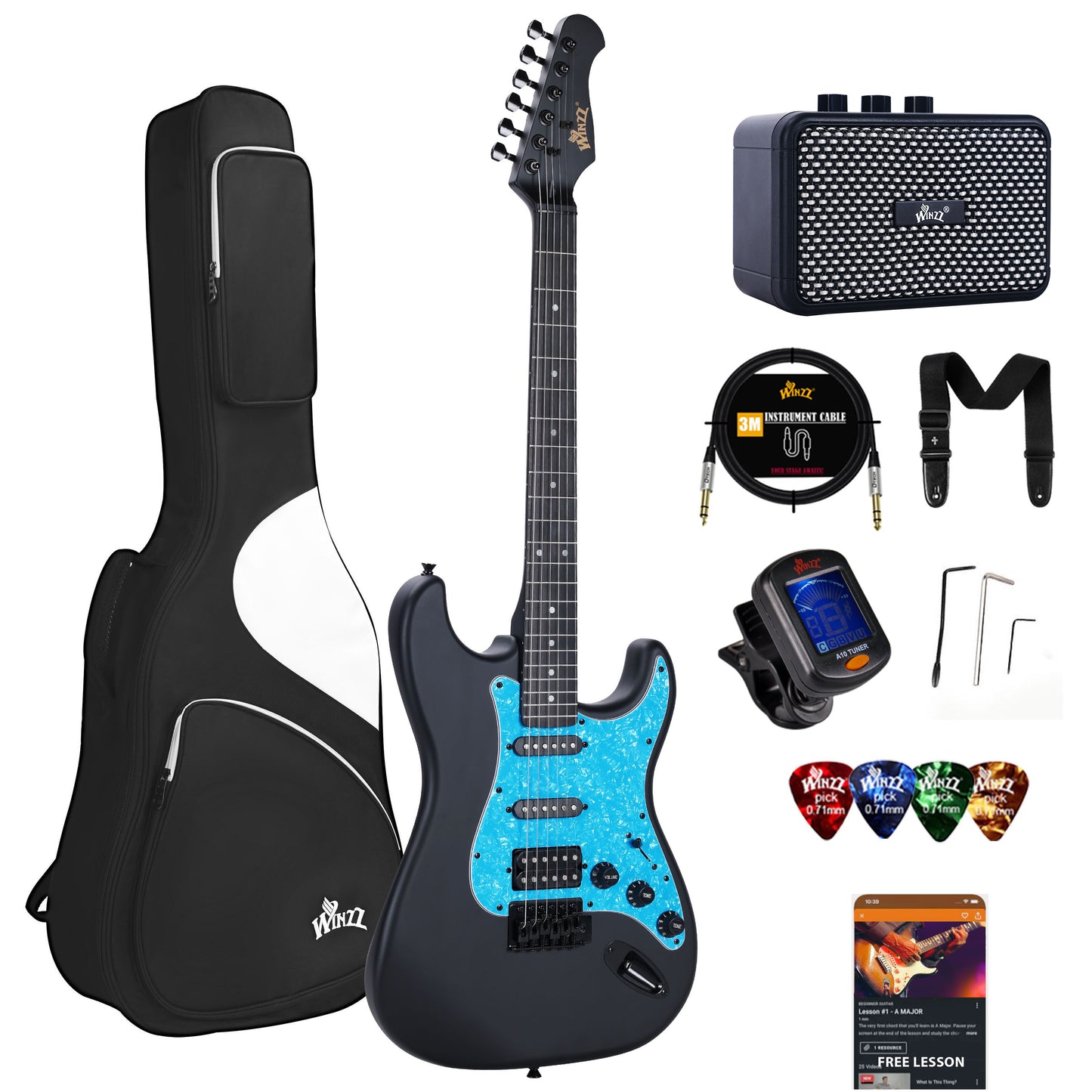 All-in-one Beginner's Kit featuring an amplifier, tuner, cable, and strap, offering a convenient package for newcomers to get started with their musical journey