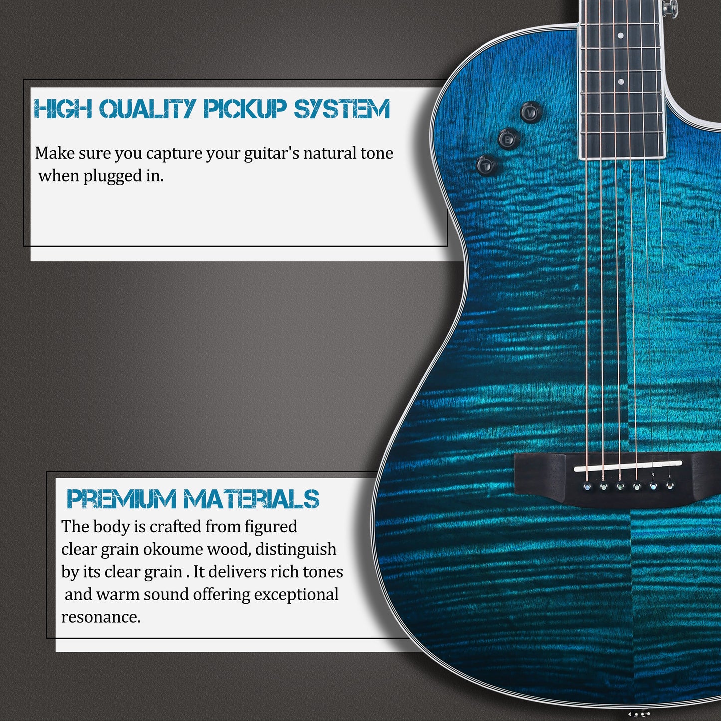 With its thin body and steel strings, the WINZZ WAG170CE delivers rich sound while maintaining a light and comfortable feel, perfect for musicians who prefer a more portable instrument
