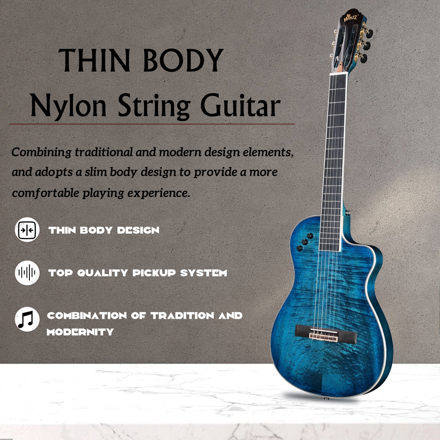 WINZZ WCG170CE 39-inch Thin Body Nylon Strings Classical-Electric Guitar, offering a comfortable slim profile and rich, warm tones perfect for classical and acoustic performances