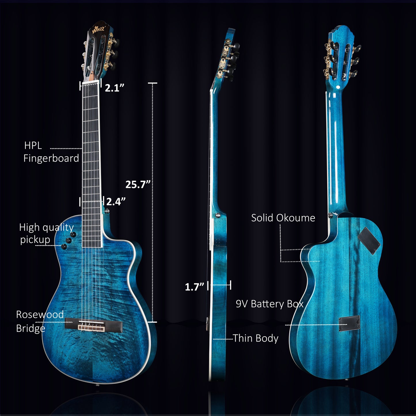 A sleek 39-inch thin body classical-electric guitar by WINZZ, featuring nylon strings and a smooth finish, combining elegant design with professional performance features