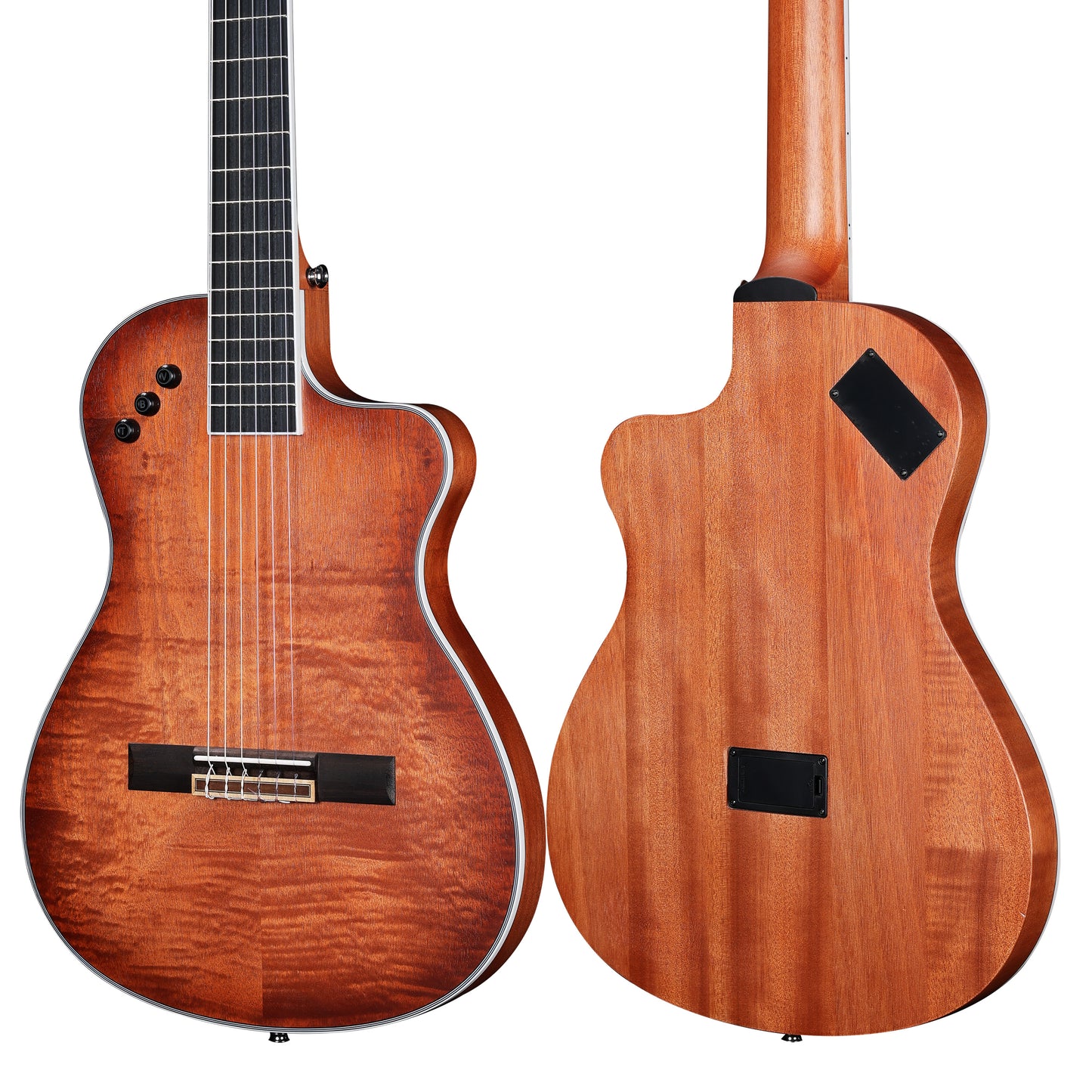 Striking sunburst finish on the 39-inch WINZZ WCG170CE classical-electric guitar, featuring a sleek, thin body and nylon strings for a visually appealing and professional look