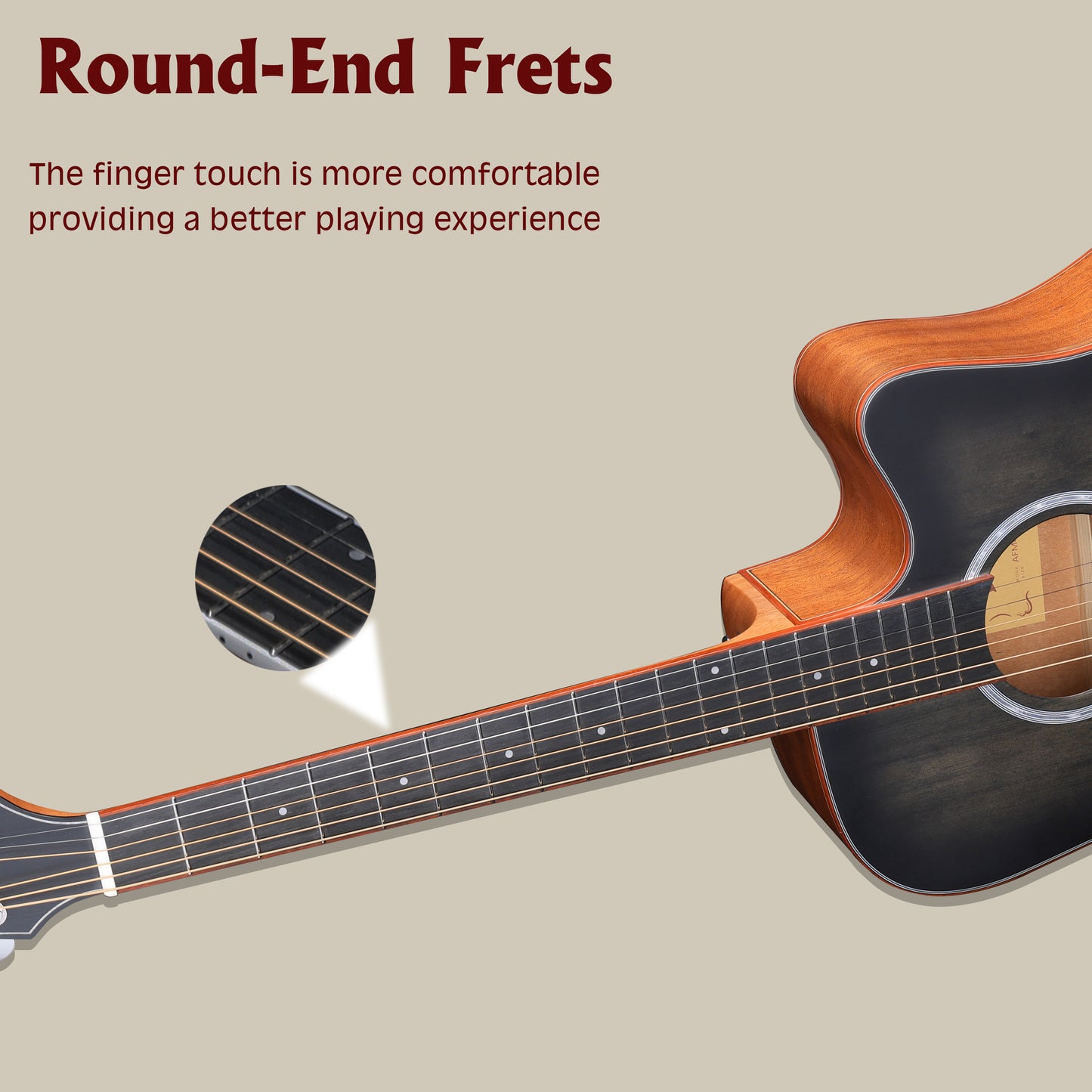 Guitarra acústica WINZZ AFM485C de abeto macizo pulido a mano con ribete de palisandro.