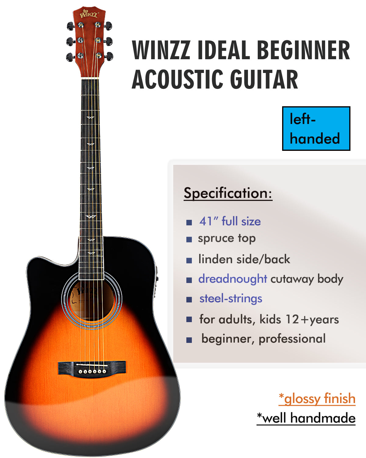 WINZZ AF168CE 41-inch Electro-Acoustic Guitar ,Sunburst Glossy