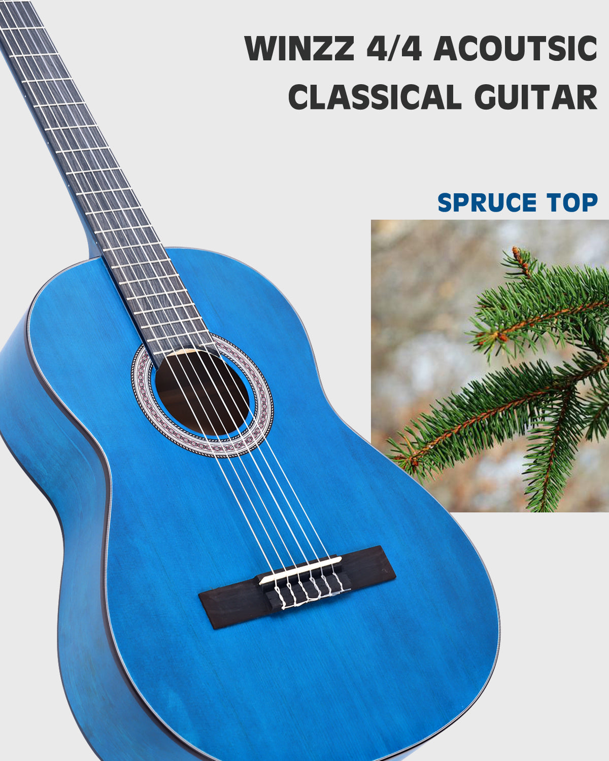 Winzz 39 Zoll klassische spanische Gitarre für Erwachsene und Anfänger, Mattbraun