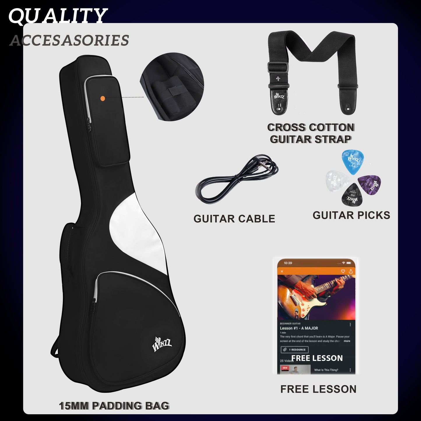 WINZZ Solid Poplar Wood Electric Guitar With White Pickguard - 39-Inch Beginner-Friendly Design, Perfect for Practice and Performance