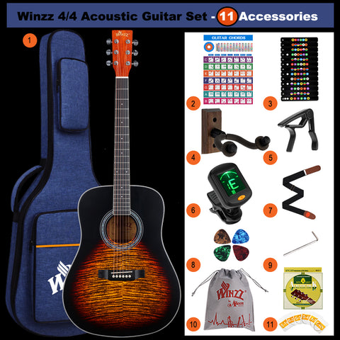 WINZZ AF07TP-MBK 41 inch Flamed DesignAcoustic Guitar With Tiger Stripes Pattern Printing